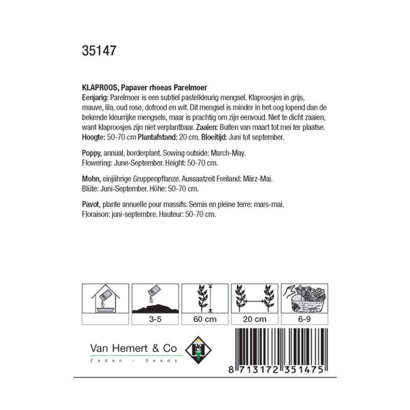 Papaver rhoeas 'Parelmoer' -zaden-