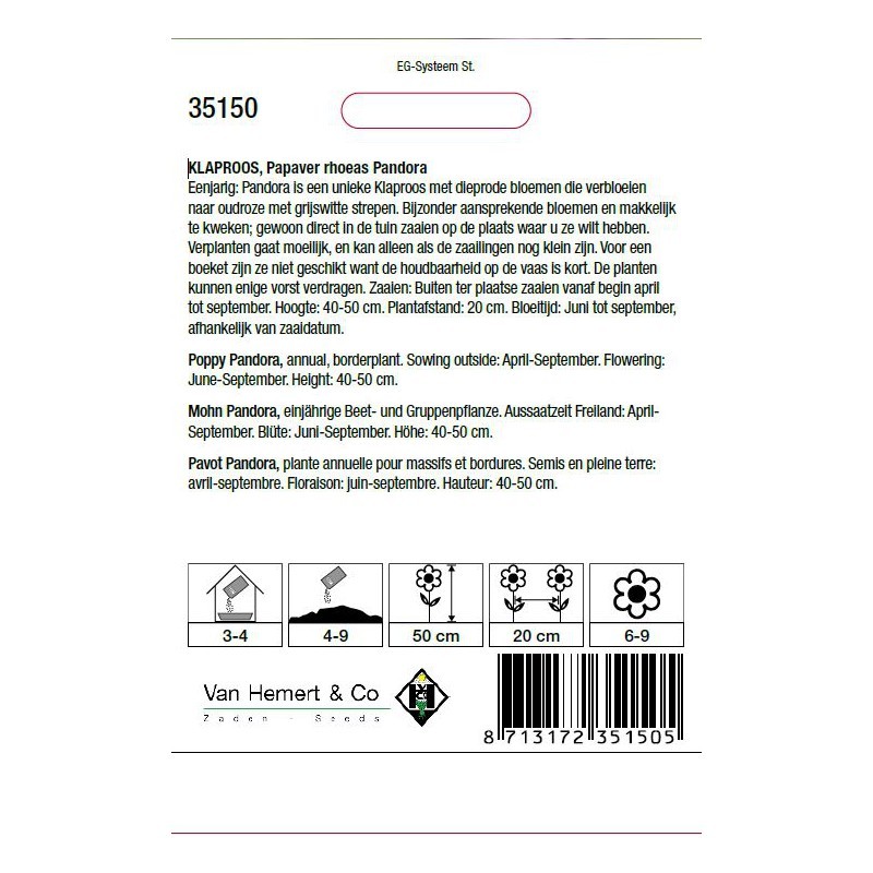Papaver rhoeas 'Pandora' -zaden-