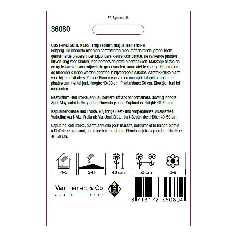 Tropaeolum majus nanum 'Red Troika' -zaden-