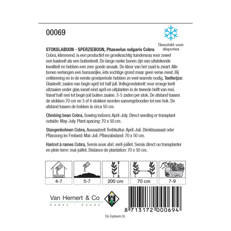 Stokslaboon - Sperzieboon, Phaseolus vulgaris 'Cobra', 30 gr. -zaden-