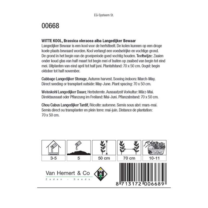 Witte kool, Brassica oleracea alba 'Langedijker Bewaar' -zaden-